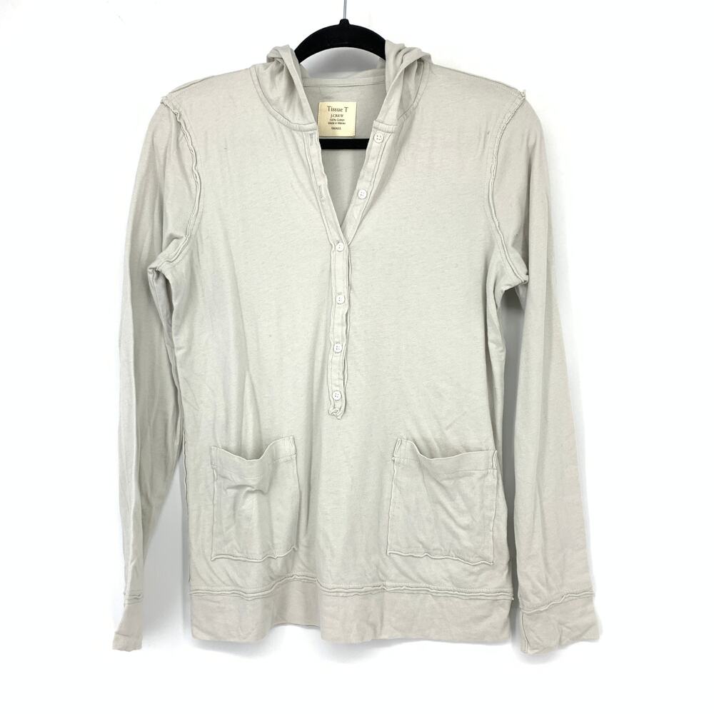 J. Crew Tissue T Women's Hooded Henley Top Small Oatmeal Raw Seam Pockets